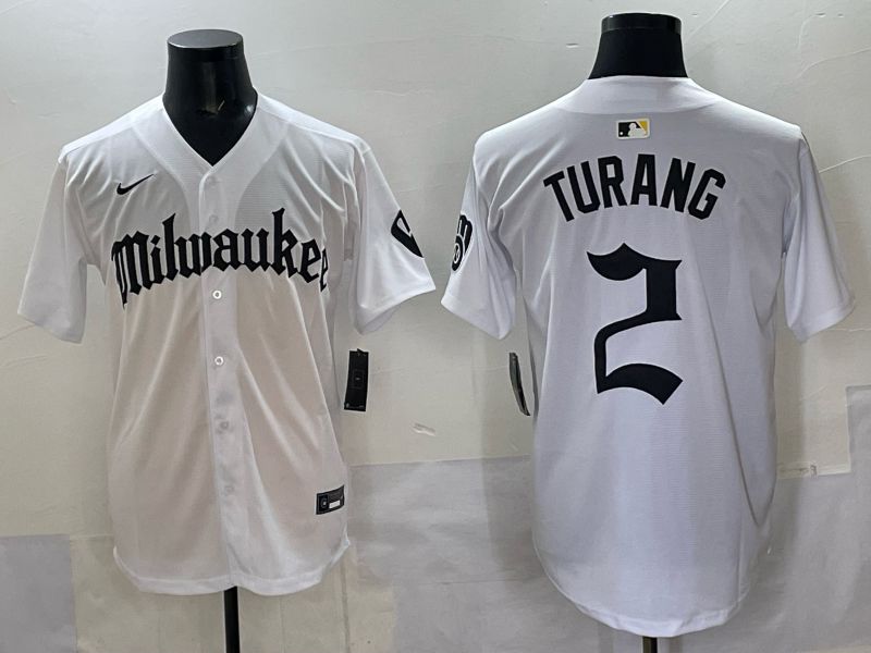 Men 2025 Milwaukee Brewers #2 Turang White Five generations Joint Name Nike MLB Jersey style 8->milwaukee brewers->MLB Jersey